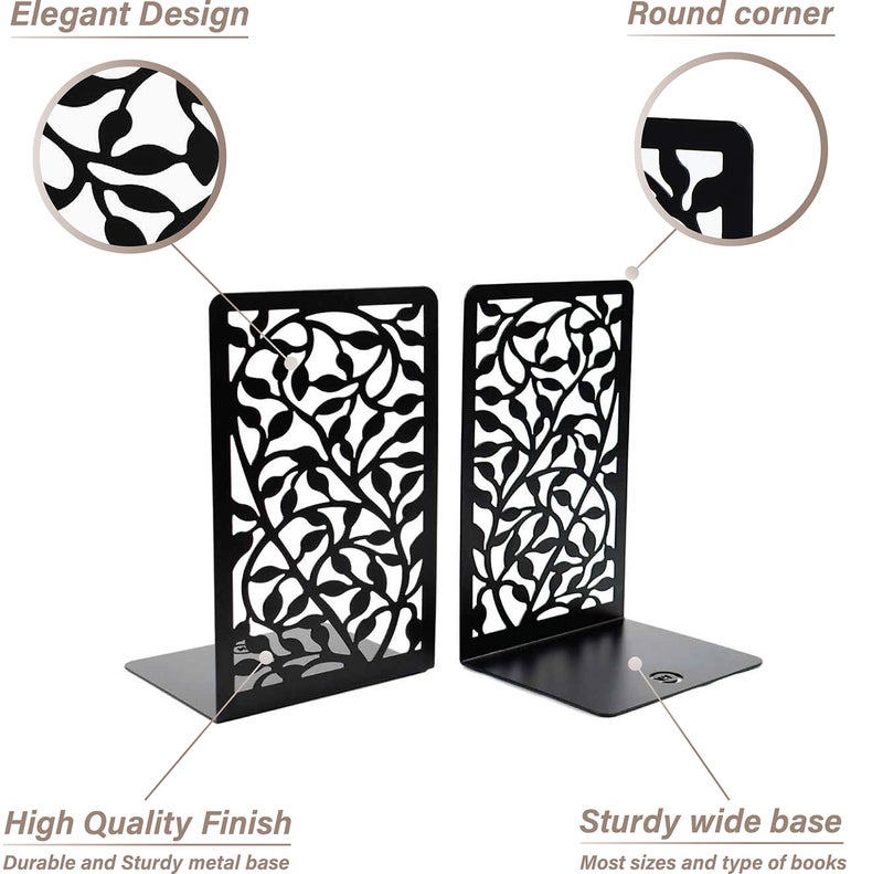CNK Book Ends for Shelves - Metal Holders for Home Office Heavy Books, Shelf Stoppers, Decorative Set of 2 Black Infinite Leaves Bookends - Image 4